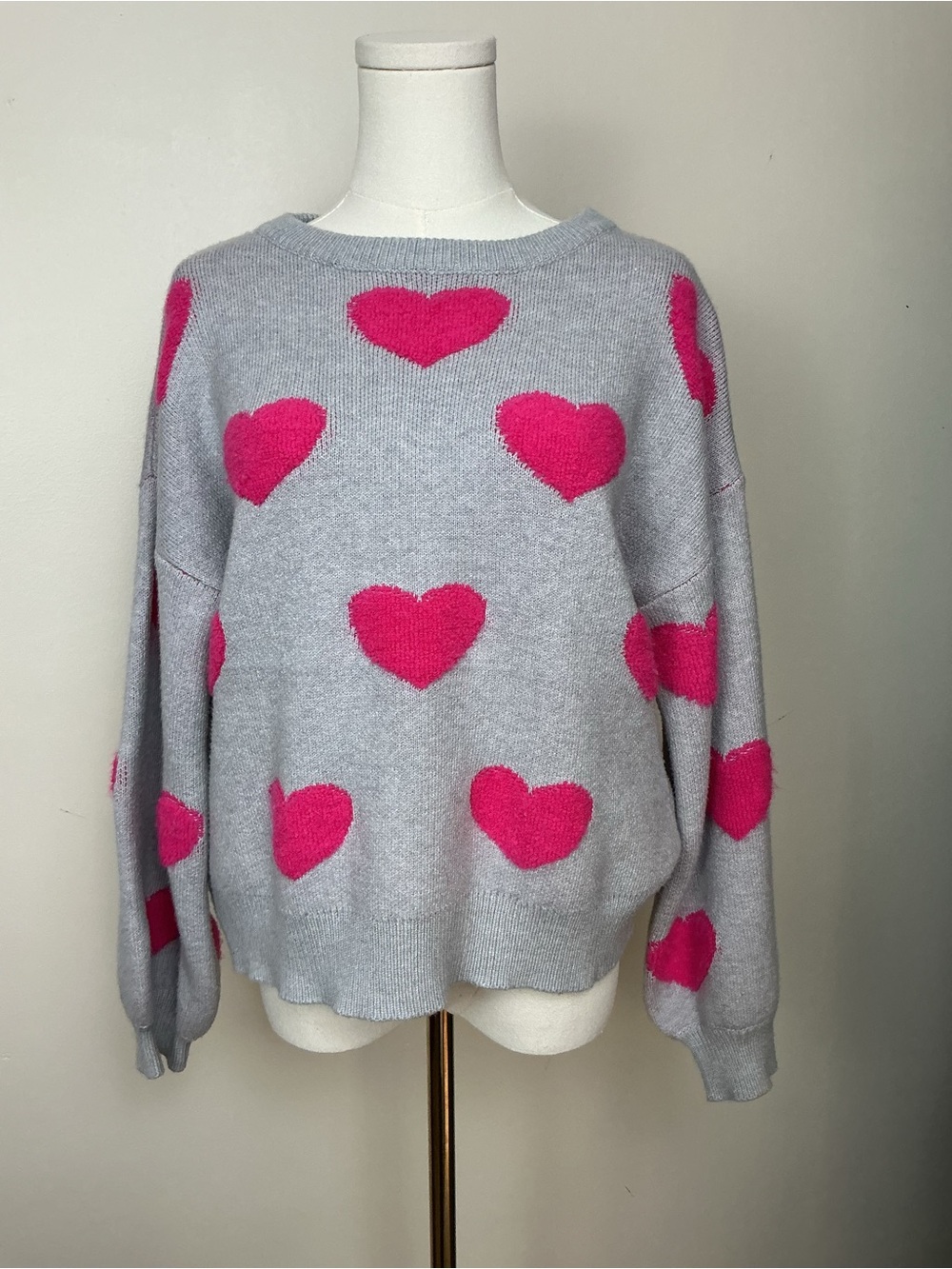 Miracle Gray Crewneck Sweater with Hot Pink Hearts